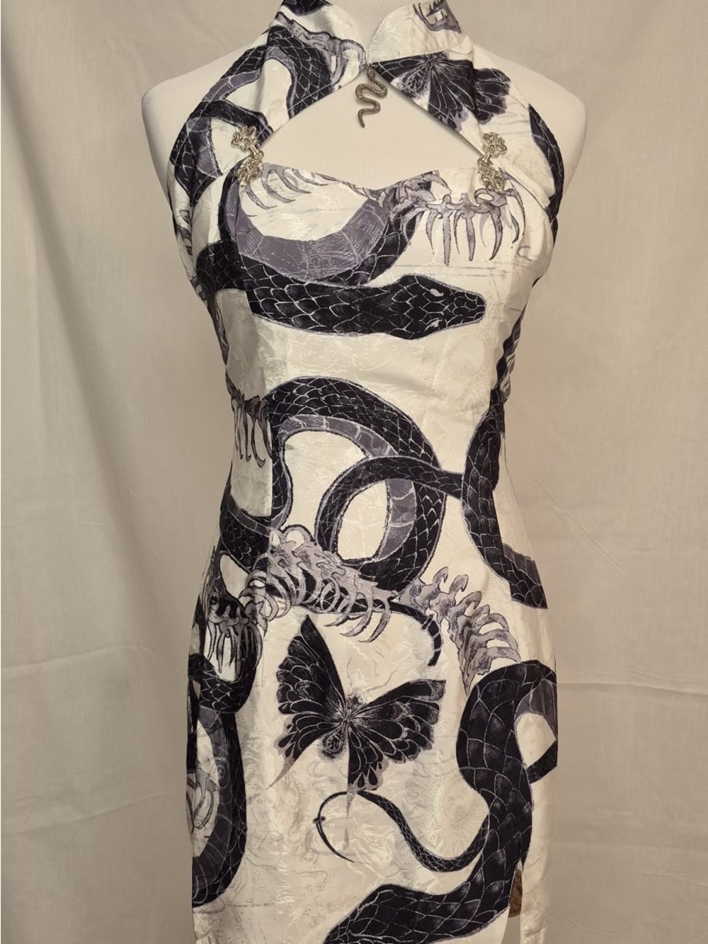 2071 - White & Black Snake Print Halter Dress